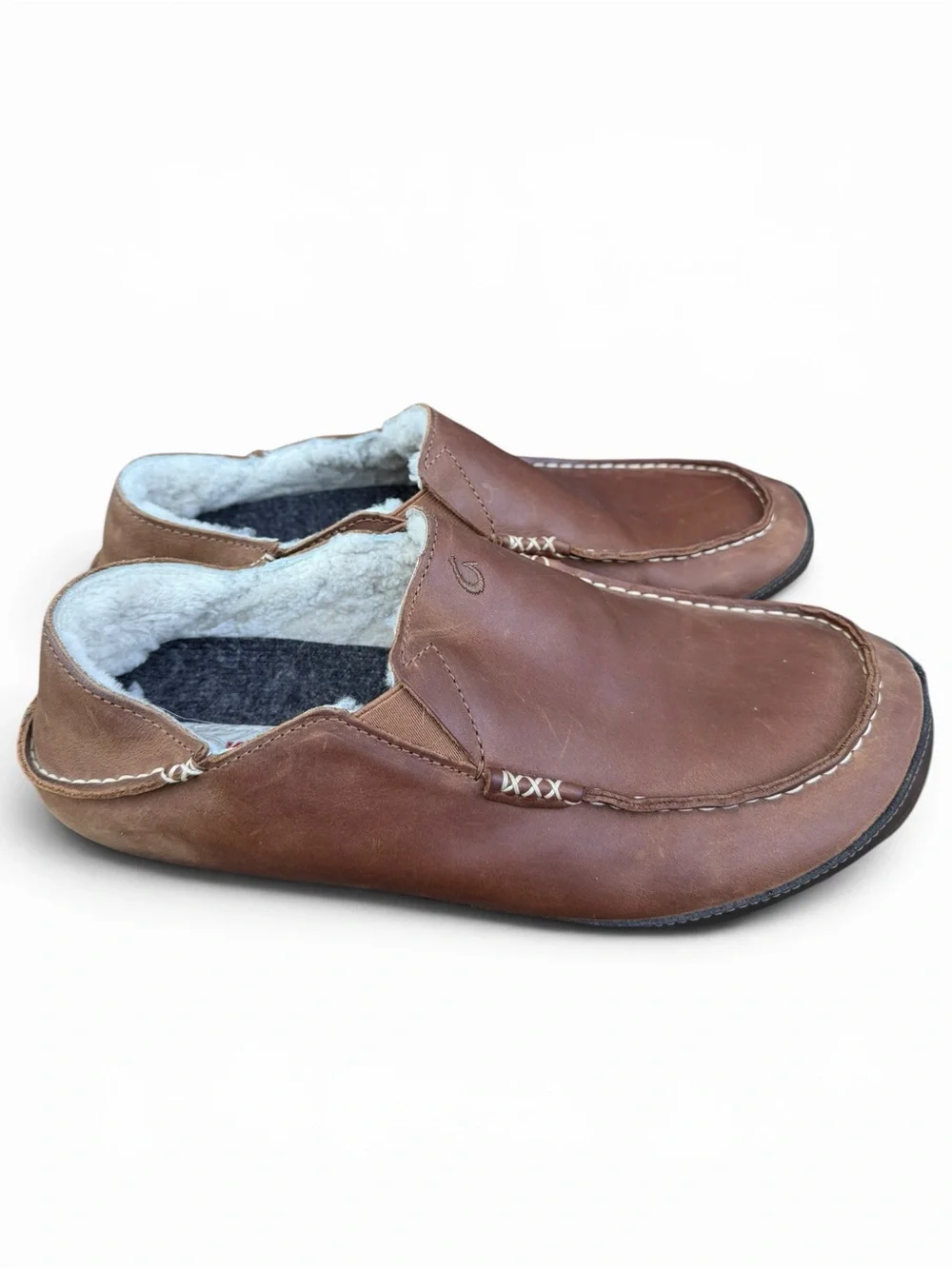 OluKai Moloa Slippers Men’s‎ 12 Brown Leather Shearling Lined Loafers